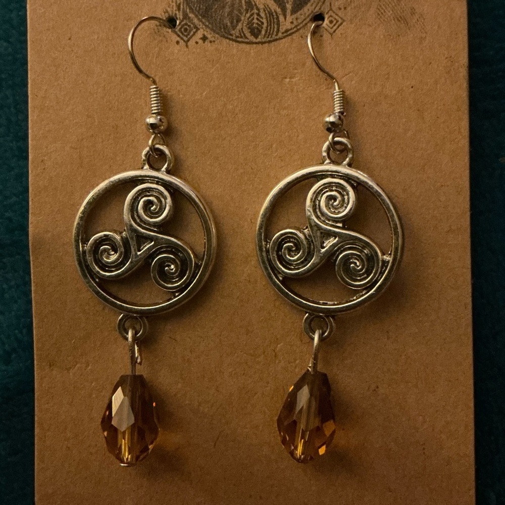 Silver Swirl Drop Earrings with Amber Accents